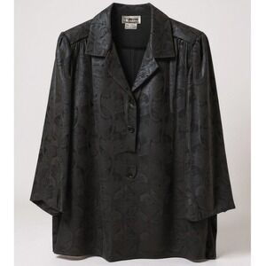 Frayne Blouse Women's Size 18 Black Peacock Feather Print 3/4 Sleeve Vintage